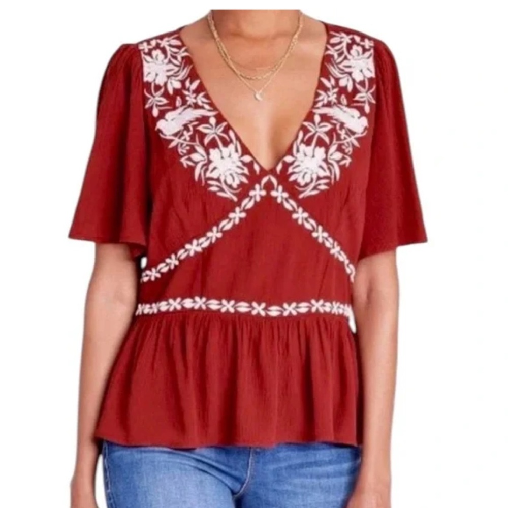 Knox Rose Maroon Blouse White Embroidery Vneck Short Flutter Sleeves, Sz XL